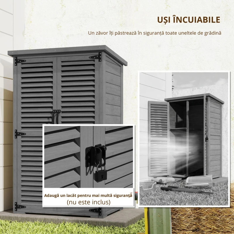 Outsunny Dulap de grădină Remiză pentru unelte din lemn 2 rafturi Acoperiș bitumat Uși cu obloane Blocabil 75 x 50 x 118cm Gri