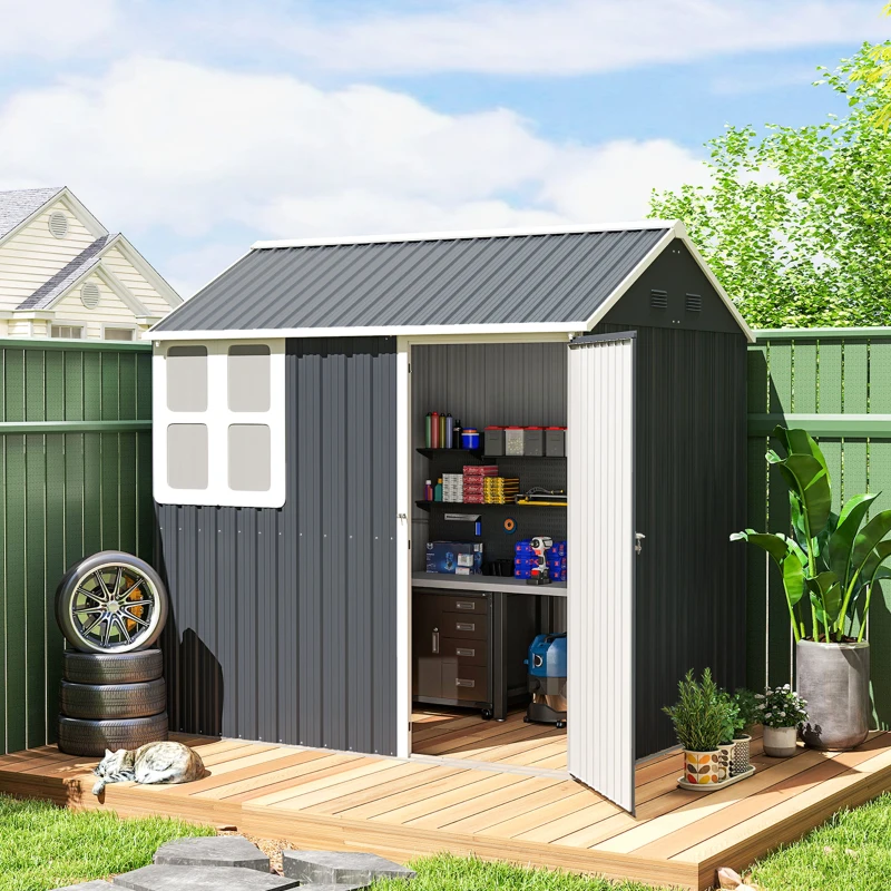 Outsunny 7 x 6ft Galvanised Garden Shed, with Latch - Dark Grey