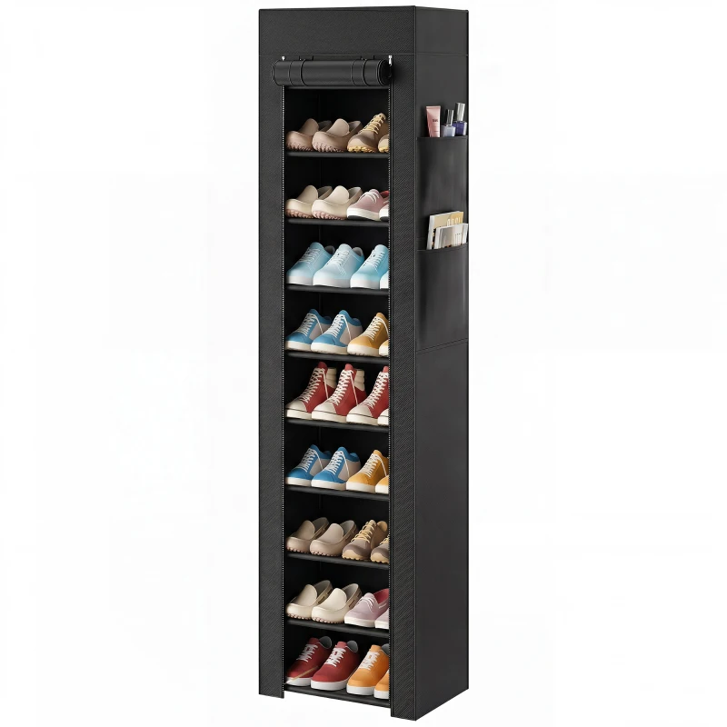 HOMCOM Metalen schoenenrek met stofdichte stoffen hoes, voor 20 paar schoenen, 45 x 30 x 175 cm, zwart