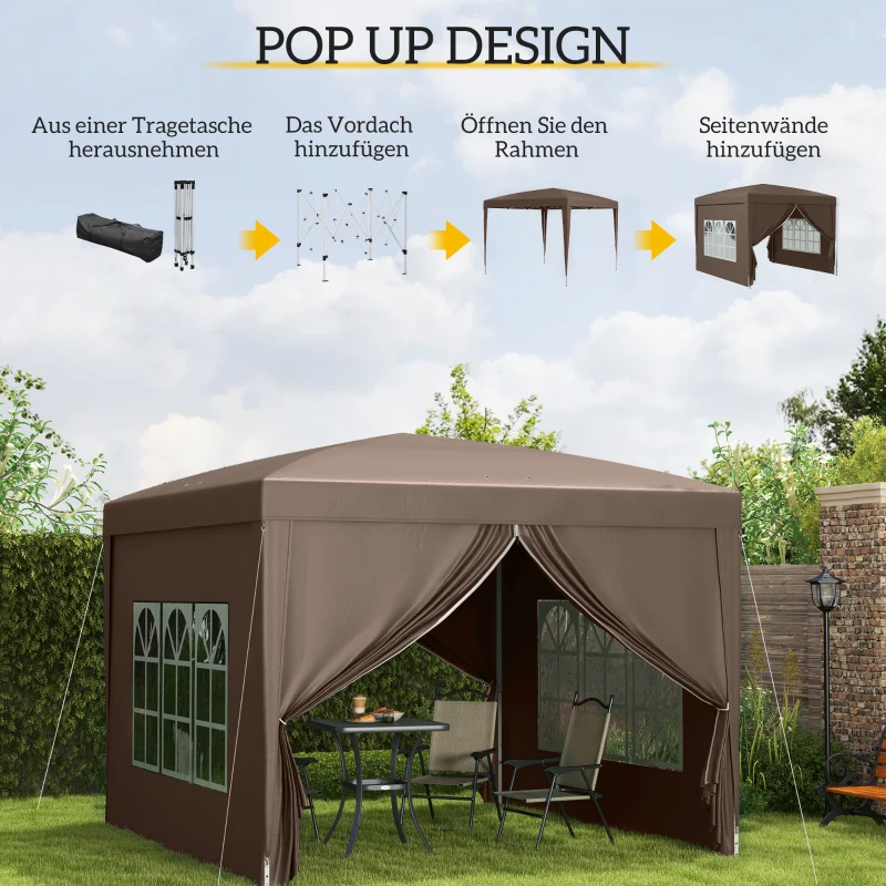 Outsunny 3 x 3 m Paviljoen met 4 zijwanden, ramen, feesttent met UV-bescherming, tuinpaviljoen incl. draagtas, Staal, Koffie