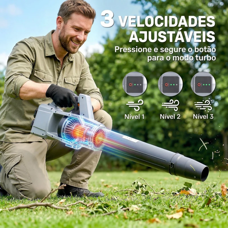 Outsunny Soprador de Folhas sem Fios 36V com 2 Baterias de 4.0Ah e Carregador, Motor sem Escovas 1000W, 3 Velocidades, Cinza Claro
