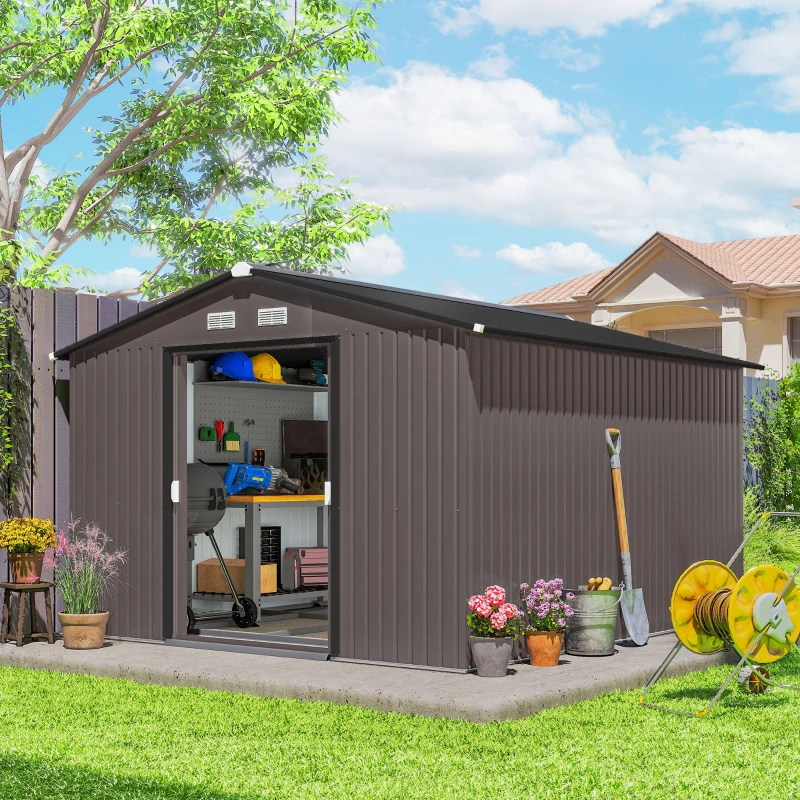 Outsunny Casetta da Giardino con 2 Porte Scorrevoli e 4 Prese d'Aria in Acciaio, 322x277x192 cm, Marrone