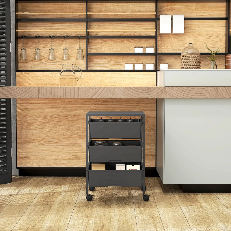 HOMCOM Bijzettafel op Wielen, 3 Manden voor Transport en Opslag, Keukenwagen, 40,8L x 33,5B x 60,5H cm, Zwart