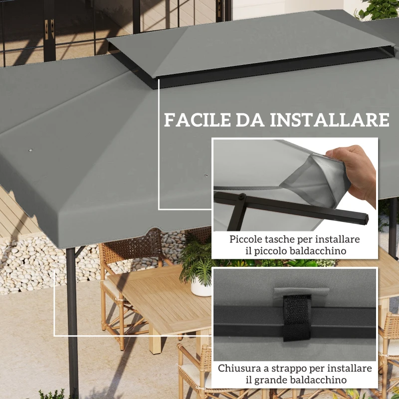 Outsunny Tetto per Gazebo 3x4 m a 2 Livelli con 8 Fori di Drenaggio in Poliestere Grigio Chiaro