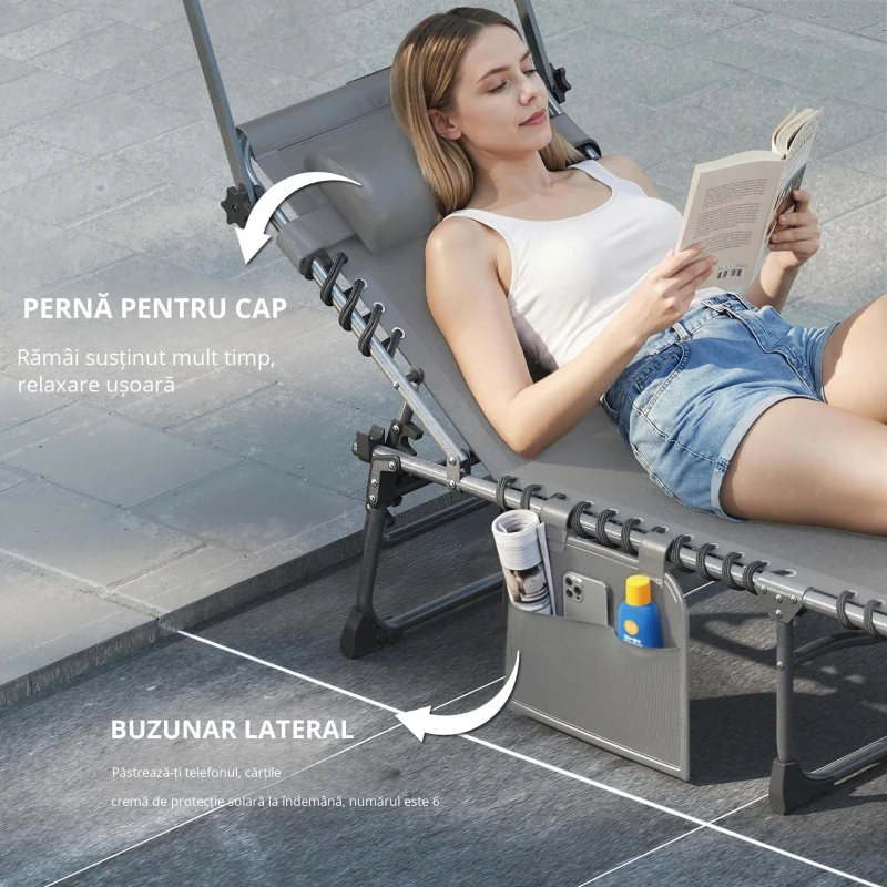 Outsunny Set de 2 șezlonguri pliabile cu pernă pentru cap, told, buzunar lateral și spătar reglabil în 5 poziții, gri