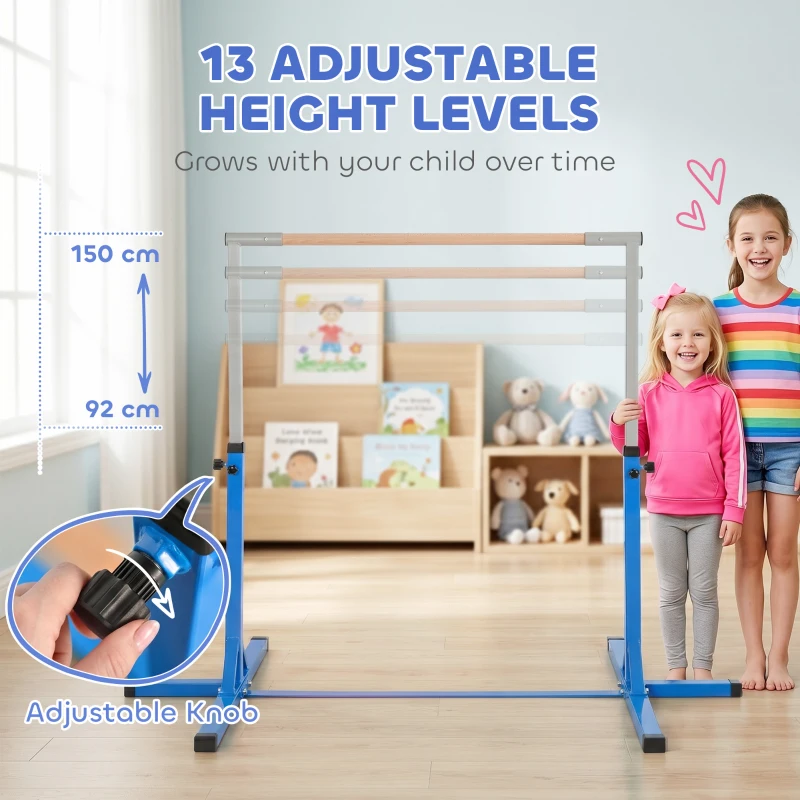 HOMCOM Height Adjustable Gymnastics Horizontal Bar for Kids, Children Junior Kip High Bar Fitness, Blue