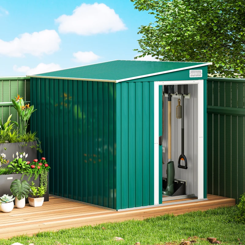 Outsunny 7 x 5ft Galvanised Metal Shed, with Sliding Door - Green