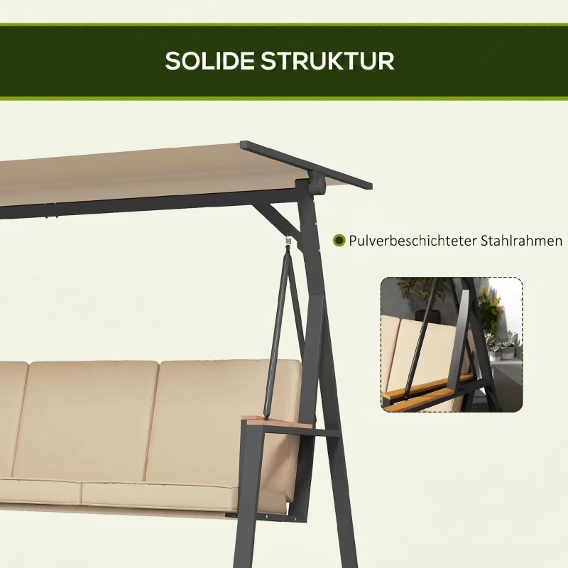 Outsunny Tuin schommelbank Hollywoodschommel 3-zits, met zonnedak, weerbestendig, Beige + Zwart
