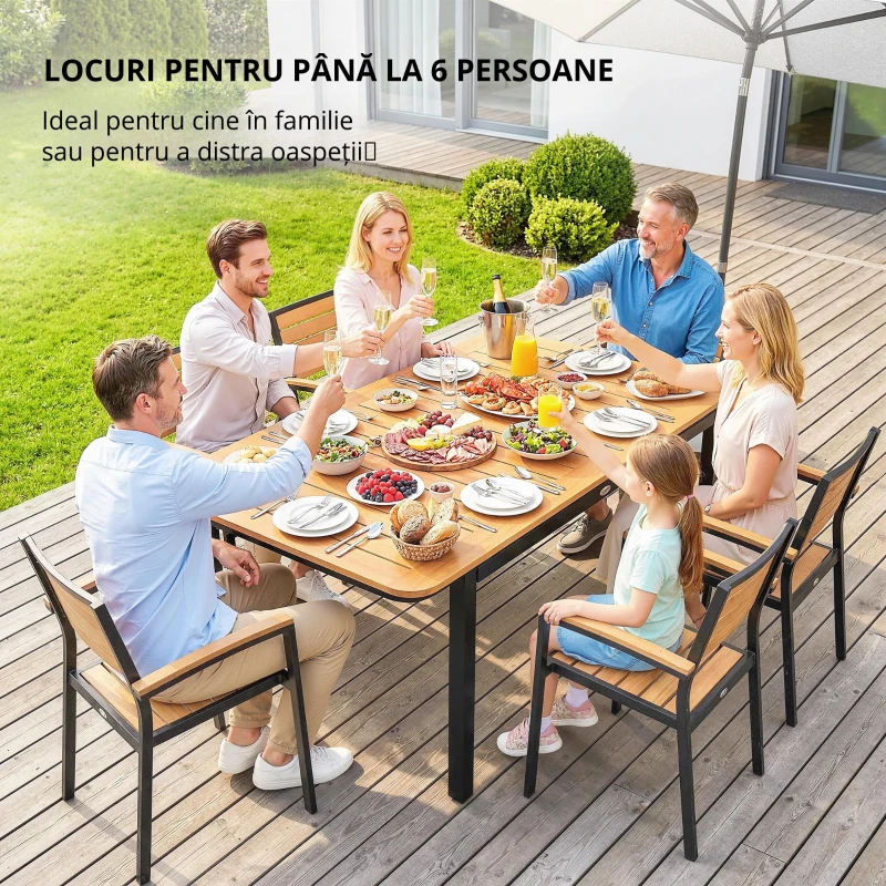 Outsunny Masă de Grădină pentru 6 Persoane, 127 x 70 cm, Masă de Exterior cu Blat cu Lamele din Lemn Plastic, Cadru Metalic