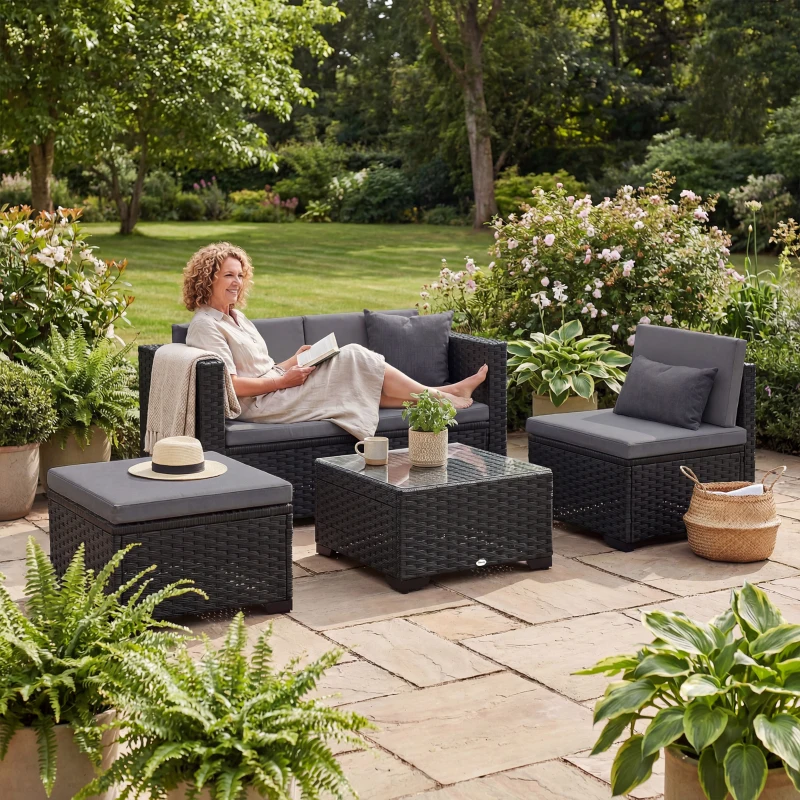 Outsunny Set Modular de Grădină din Rattan cu Perne, Canapea de Colț Gri, 5 Piese