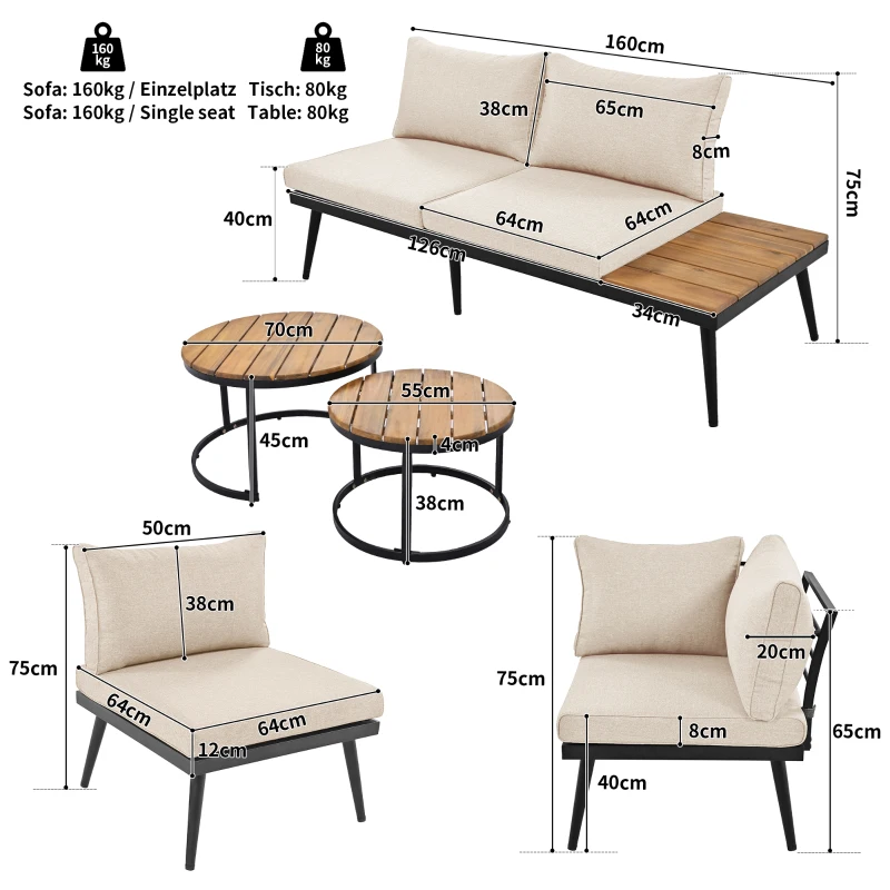 Modular Garden Sofa Set with Washable Zip-Off Cushion Covers, Versatile Garden Lounge Set for Patio, 160L × 64W × 75H cm, Gray