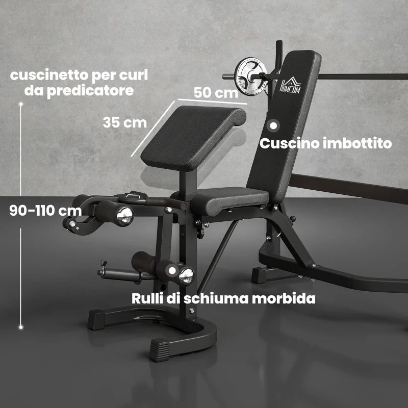 HOMCOM Panca Multifunzione Regolabile con Rack Bilanciere, in Acciaio e PU, 73.5x55x46-53.5 cm, Grigio e Nero