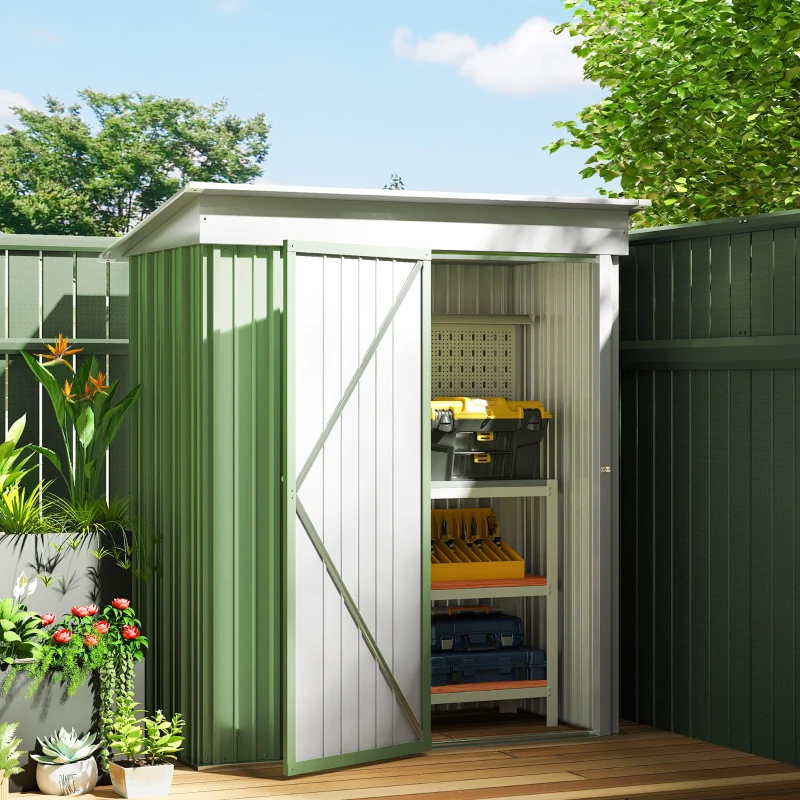 Outsunny Casetta da Giardino Porta Attrezzi in Acciaio con Porta Bloccabile, 161x95x163/181cm, Verde