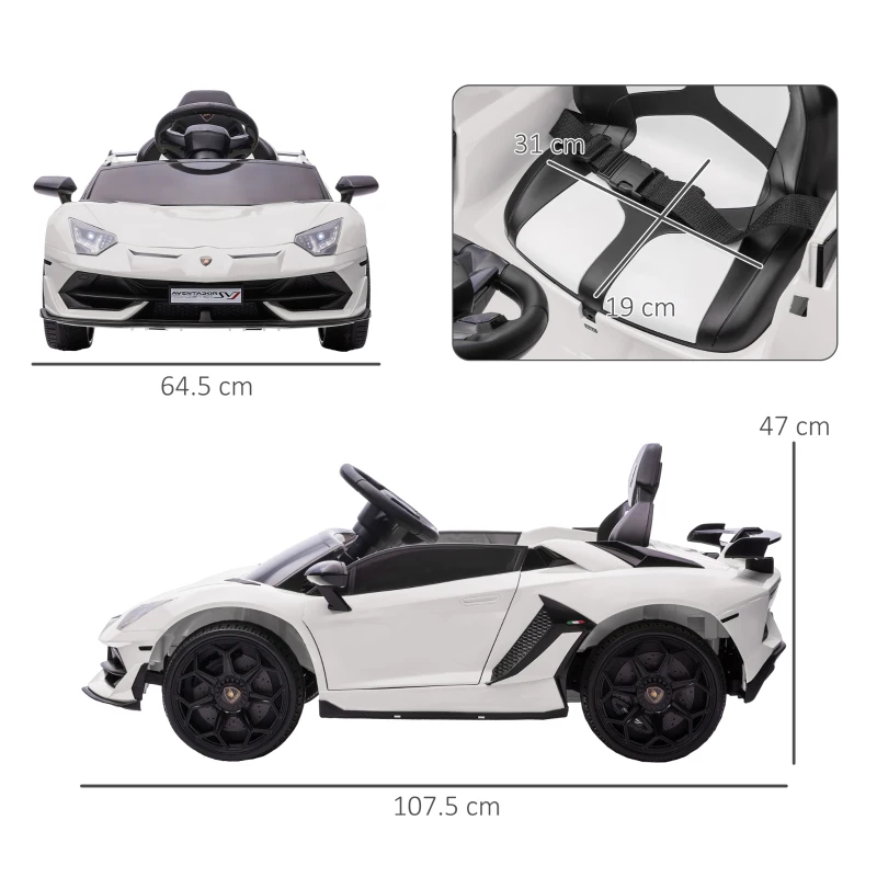 HOMCOM Mașină Electrică pentru Copii 12V Licență Lamborghini cu Claxon și Telecomandă, 107,5x64.5x47 cm, Albă