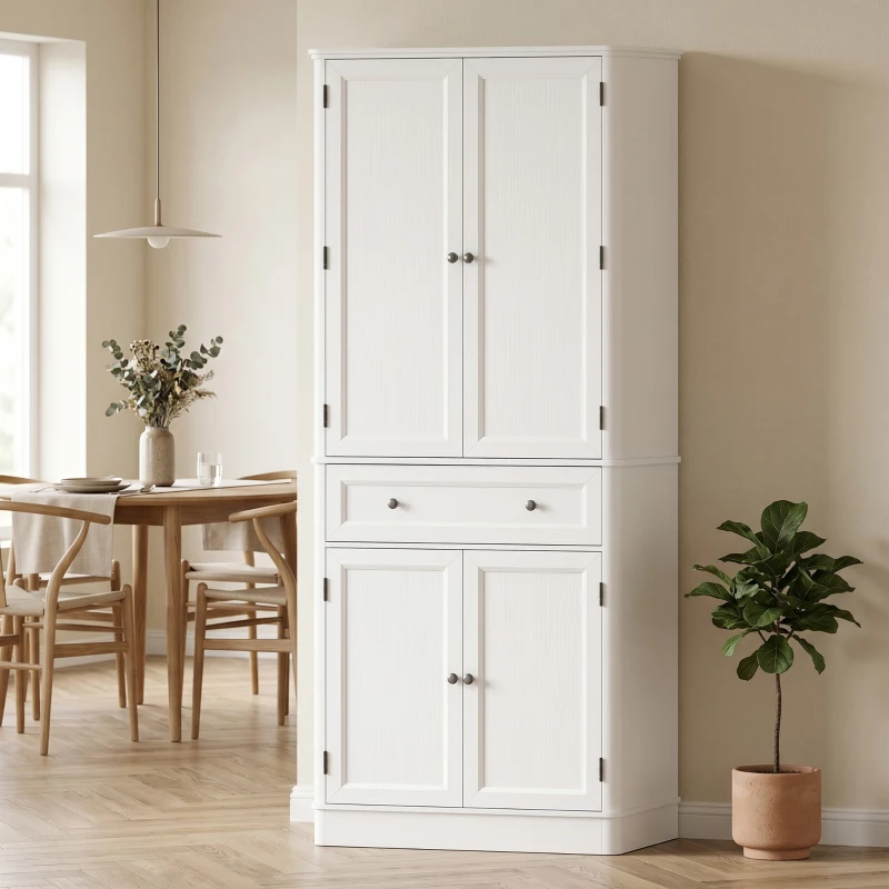 HOMCOM Keukenkast met 4 deuren, lade en verstelbare planken voor keuken, 80 x 39,5 x 186,4 cm wit
