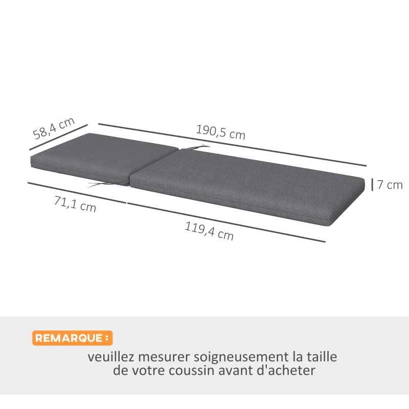 Outsunny Set 2 Cuscini per Sedie da Esterno con Lacci e 2 Imbottiture, in Poliestere e Cotone, 190.5x58.4x7 cm, Grigio