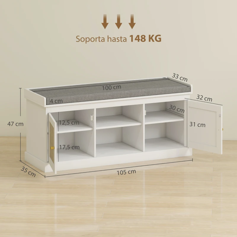 HOMCOM Banco Zapatero con Puertas Frentes de Ratán Estantes Ajustables y Abiertos para Entrada Dormitorio 105x35x47 cm Blanco