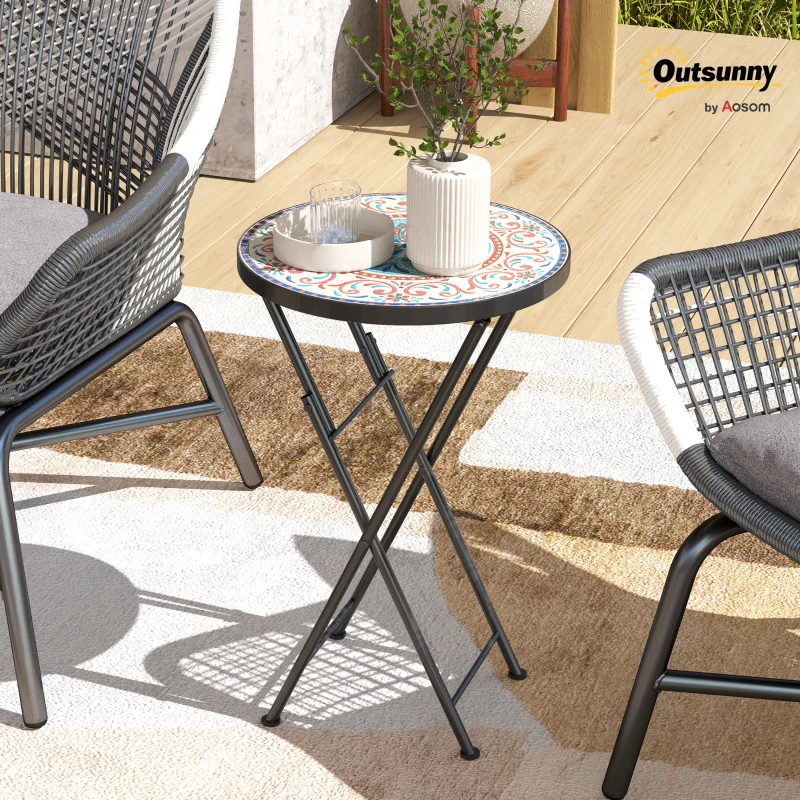Outsunny Mozaïek Tuintafel, Opvouwbare ronde terrastafel met Metalen Frame en Keramische Tafelblad, Mozaïekpatroon, Meerkleurig