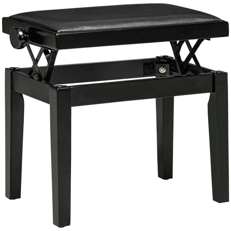 HOMCOM Banco de piano, assento de piano, altura ajustável, acabamento elegante brilhante, couro sintético+madeira de borracha, preto, 63 x 33 x 56 cm
