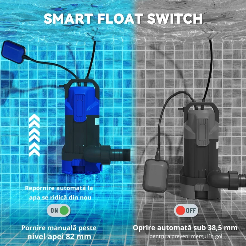 Outsunny Pompă de evacuare apă încărcată/curată debit 20000L/H 750W adâncime maximă 7m întrerupător cu plutitor 17x16x36cm negru