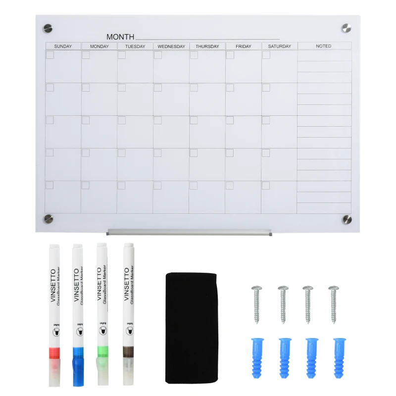 Vinsetto kalenderbord glasplaat met 4 glasclip markers gum aluminium pennenhouder magneetbord voor maandplanning magnetische weekplanner planbord wit 90 x 60 x 0,2 cm