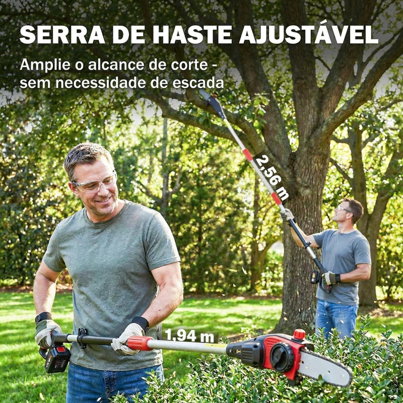 Outsunny Motosserra Elétrica Extensível 1,94-2,56 m com 2 Baterias de 4,0 Ah, Carregador Duplo Bloqueio e Lubrificação Automática