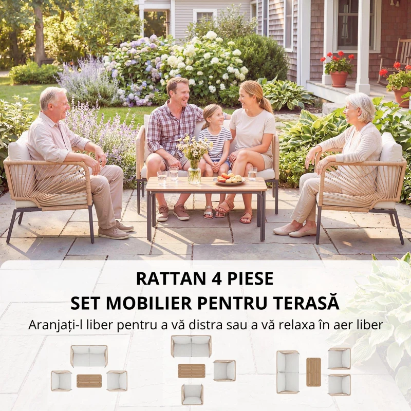 Outsunny Set mobilier de grădină, grup de șezut pentru 4 persoane, lounge cu sofă 2 locuri, 2 fotolii, masă cu lamele, împletitură tip sfoară, perne lavabile