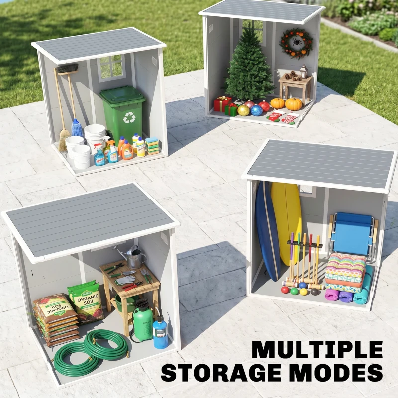Outsunny 4 x 5FT Plastic Garden Shed with Floor, Lean to Shed, Lockable Tool Storage House with Window, Vent and Plastic Roof, Grey
