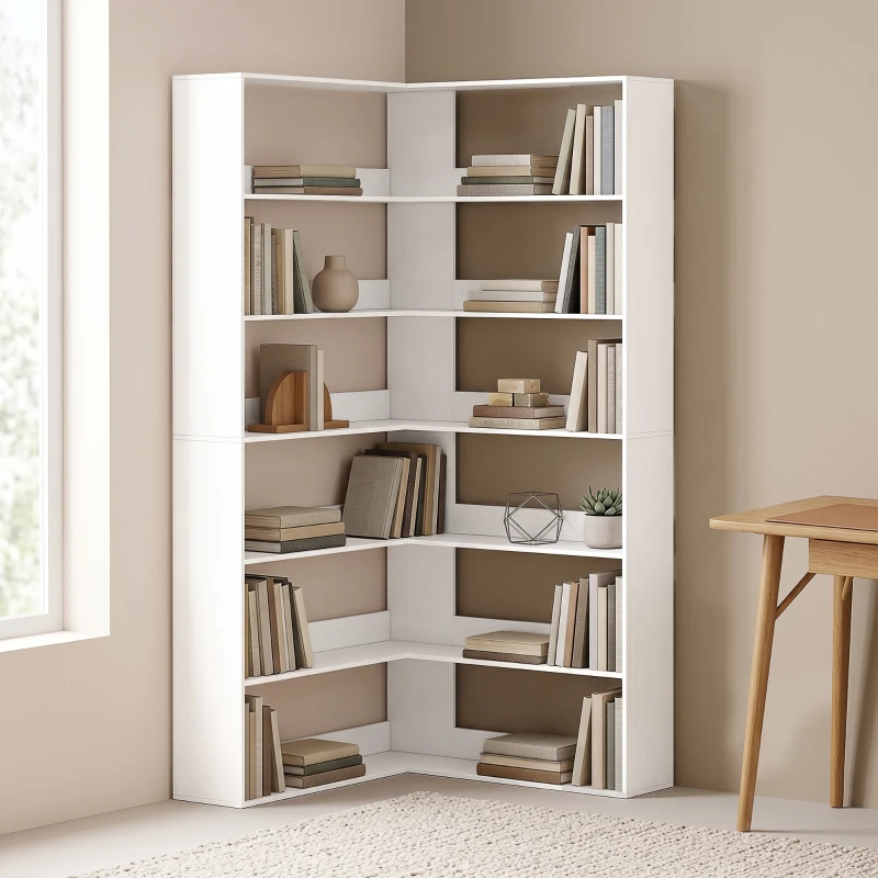 HOMCOM Boekenkast met 7 Lagen, L-vormig Hoekrek met Anti-slip Achterwand, Wit met Houtlook