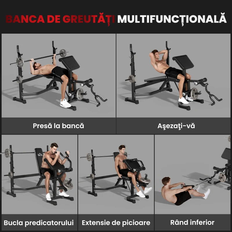 Soozier Bancă pentru Greutăți cu Suport pentru Genuflexiuni, Bancă Olimpică Reglabilă, Multifuncțională cu Pad Curl pentru Brațe, Extensii pentru Picioare, Gri