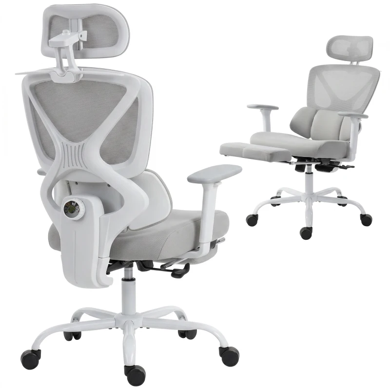 HOMCOM Chaise bureau ergonomique, fauteuil de bureau avec soutien lombaire dynamique adaptatif, 73x75x120-128cm, gris