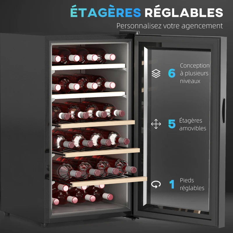 HOMCOM Cave à vin 41 bouteilles 91L réfrigérateur à vin silencieux avec porte en verre, éclairage LED, 45,1x53,8x79,8cm, noir