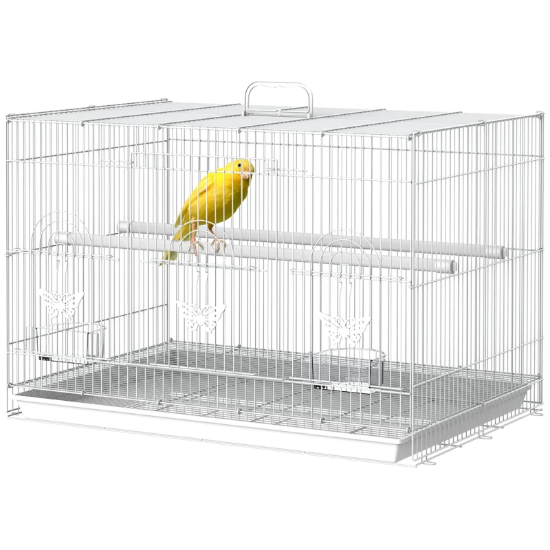 Colivie pentru Pasari din Metal cu Stinghii, Boluri pentru Mancare si Maner, 60x41x41cm, Alb