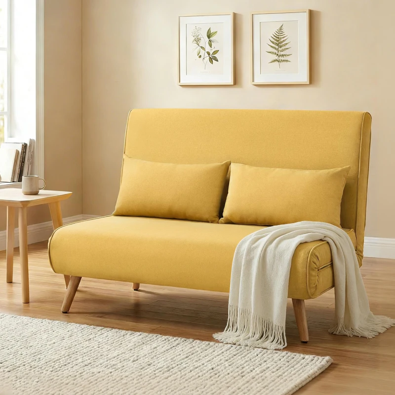 HOMCOM Sofá-Cama de 2 Lugares Dobrável Estofado em Linho com Encosto Ajustável em 5 Posições e 2 Almofadas Amarelo