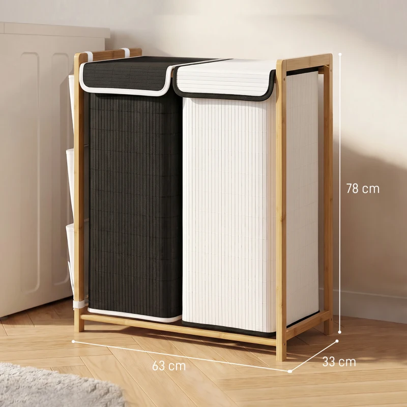 HOMCOM Cesto Portabiancheria 2 Scomparti 120L con Coperchi, Tasche Laterali, Sacchi Estraibili per Camera da Letto