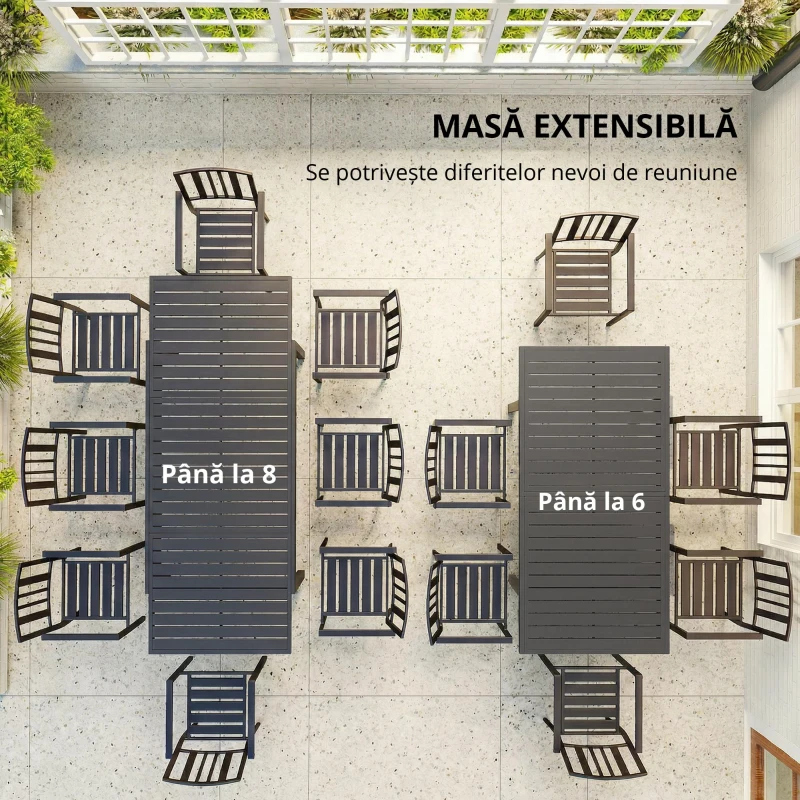 Outsunny Masă de Grădină Extensibilă 150/225x85x75 cm Masă de Luat Masa din Aluminiu cu Blat cu Șipcă pentru 6-8 Persoane Gri