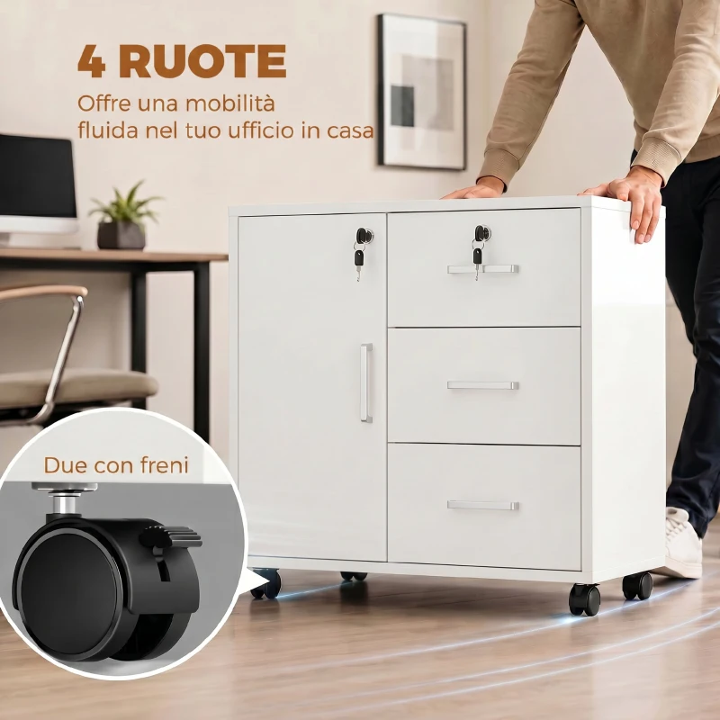 HOMCOM Schedario per Ufficio con 3 Cassetti e Armadietto con 3 Ripiani Regolabili, in Legno, 60x40x56 cm, Bianco