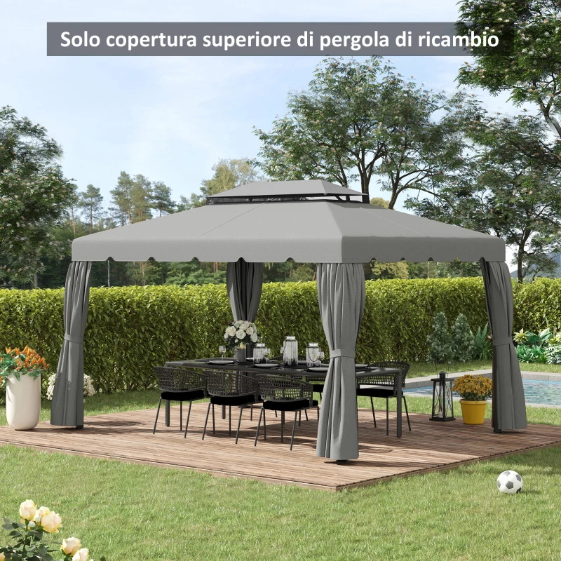 Outsunny Tetto per Gazebo 3x4 m a 2 Livelli con 8 Fori di Drenaggio in Poliestere Grigio Chiaro