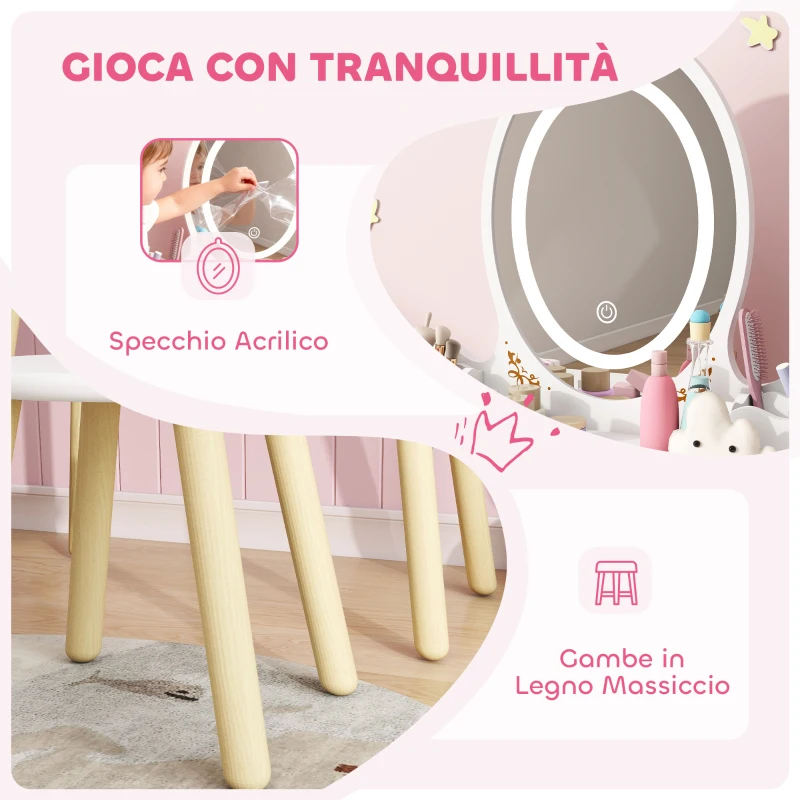 AIYAPLAY Set Toeletta per Bambini da 3 Anni con Specchio Illuminato e Sgabello, 2 Cassetti e 2 Scatole, Bianco
