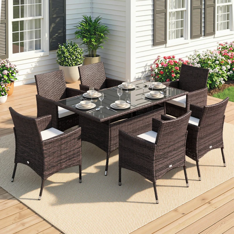 Outsunny 7 tlg. Polyrattan Gartenmöbel Rattan Gartenset Sitzgruppe Garnitur Essgruppe inkl. Kissen 6 Personen Braun+Creamweiß 150 x 80 x 74 cm