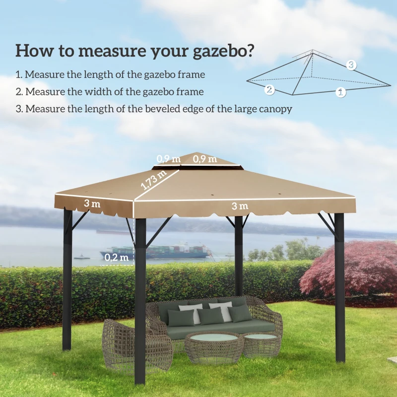 Outsunny Tetto per Gazebo 3x3 m a 2 Livelli con 8 Fori di Drenaggio in Poliestere Cachi