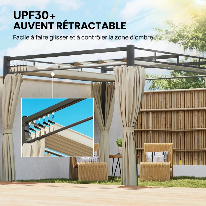 Outsunny Pergola de Jardin Tonnelle de Jardin Extérieur Toit Rétractable 4 Rideaux Protection UV30+3x3m Beige