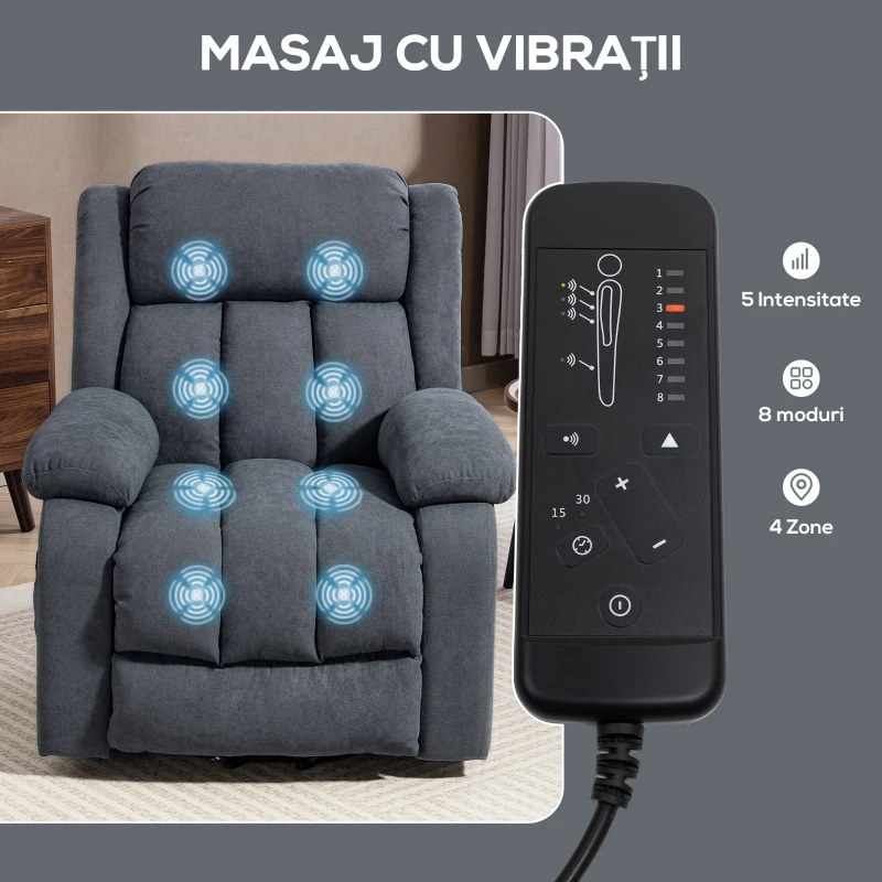 HOMCOM Fotoliu Electric cu Ridicare și Reclinare 135° în Material Textil Efect In cu Suport Picioare, Gri Închis
