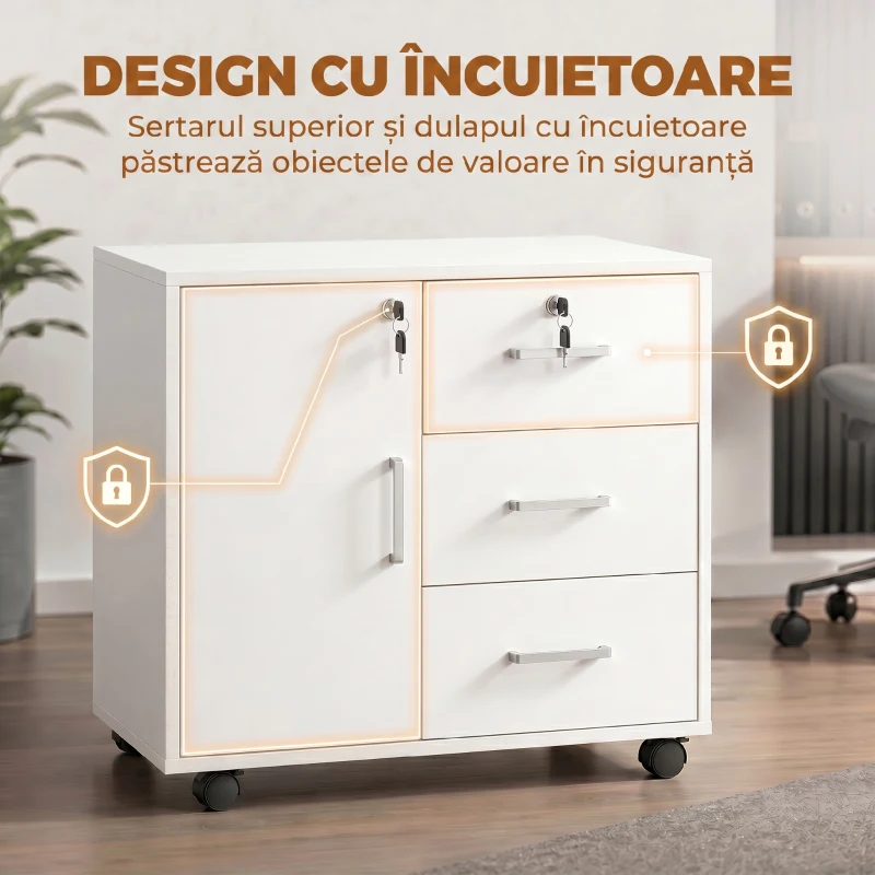 HOMCOM Dulap pentru birou cu 3 sertare și dulap cu 3 rafturi reglabile, din lemn, 60x40x56 cm, alb