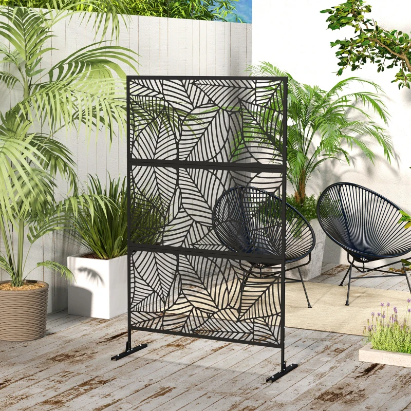Outsunny Biombo de 3 Painéis 122x198 cm Biombo Separador de Ambientes com Suporte Design de Folhas Grandes Preto
