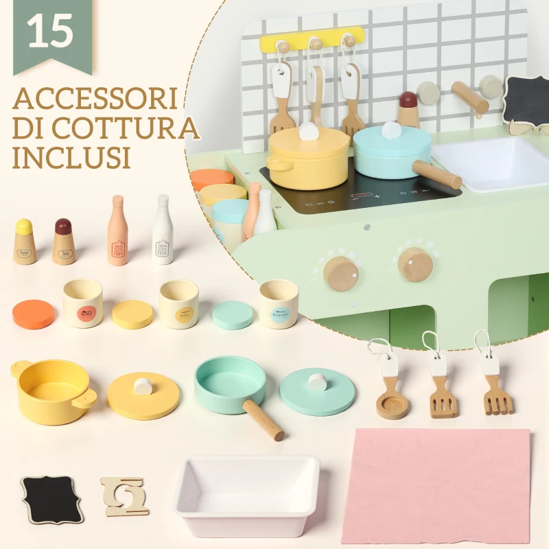 AIYAPLAY Set Cucina Giocattolo in Legno per Bambini da 3+ Anni con 15 Accessori, Verde