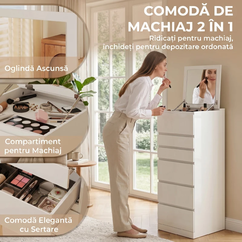 HOMCOM Comodă Înaltă cu Oglindă Rabatabilă pentru Dormitor, Alb
