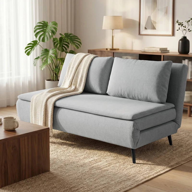 HOMCOM Canapea Extensibilă 2 Persoane 3 în 1 din Material Tip In cu 2 Perne, Cadru din Eucalipt, Gri Deschis