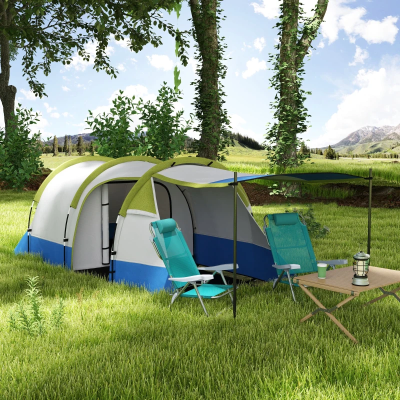 Cort de Camping Outsunny Impermeabil cu 2 Zone și 3 Intrări, din Poliester și Fibră de Sticlă, 420x200x150 cm, Verde