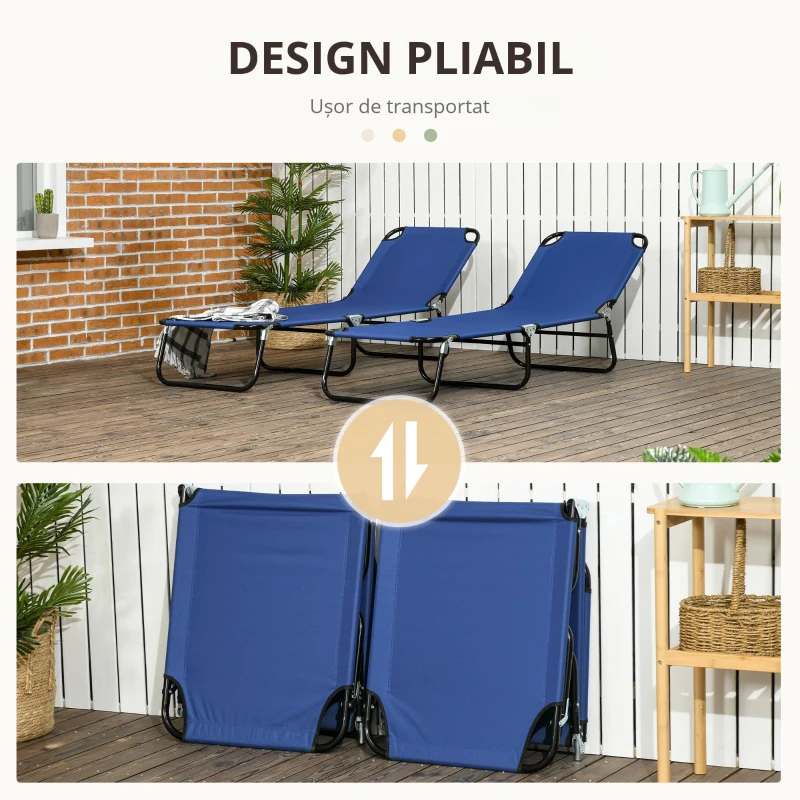 Outsunny Set de 2 șezlonguri pliante pentru grădină cu spătar reglabil în 5 poziții până la 120kg